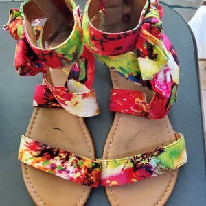 Bamboo Multi Color Geometric Ankle Strap Zip Back Sandal Shoe SIZE 5 1/2